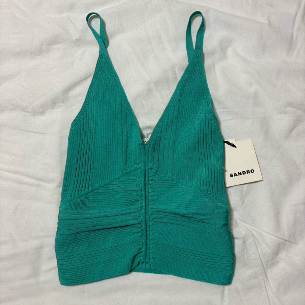 Sandro Alcudia Knit Teal Ribbed V‑Neck Crop Tank